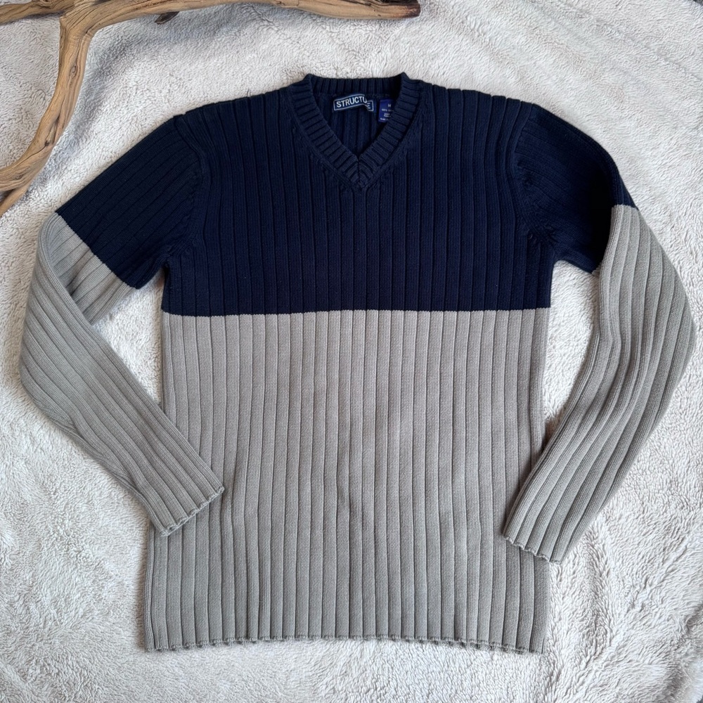 Vintage Structure Ribbed V-neck Sweater navy blue/gray